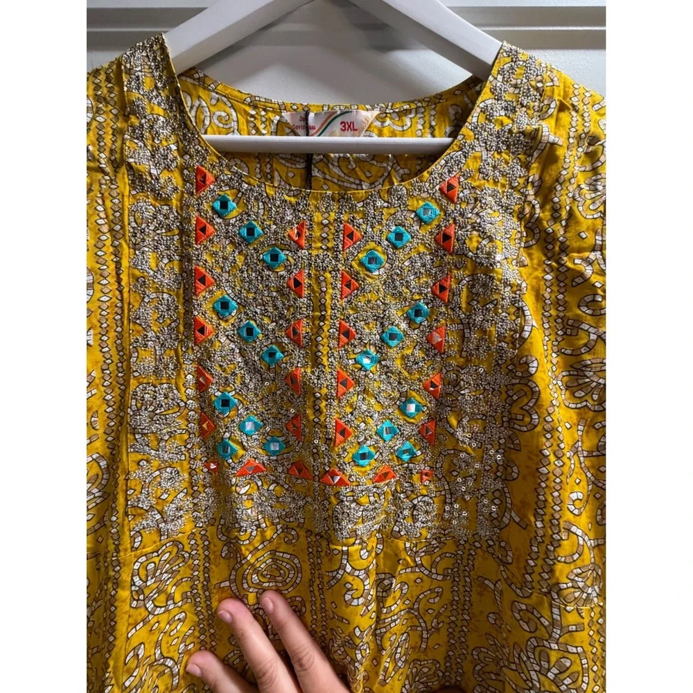 NWT 3XL Jai Govindam Mustard Yellow Embroidered Rayon Anarkali Kurti